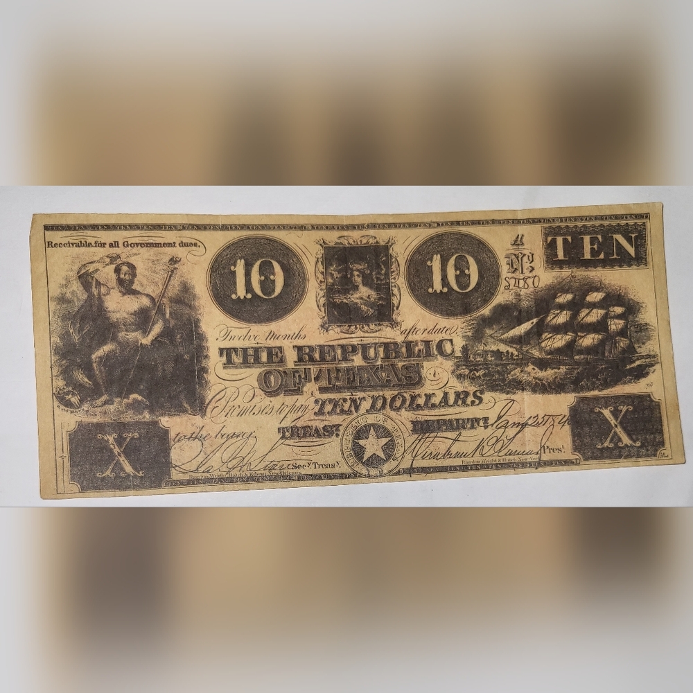 1842 10$ Republic of Texas currency bill
